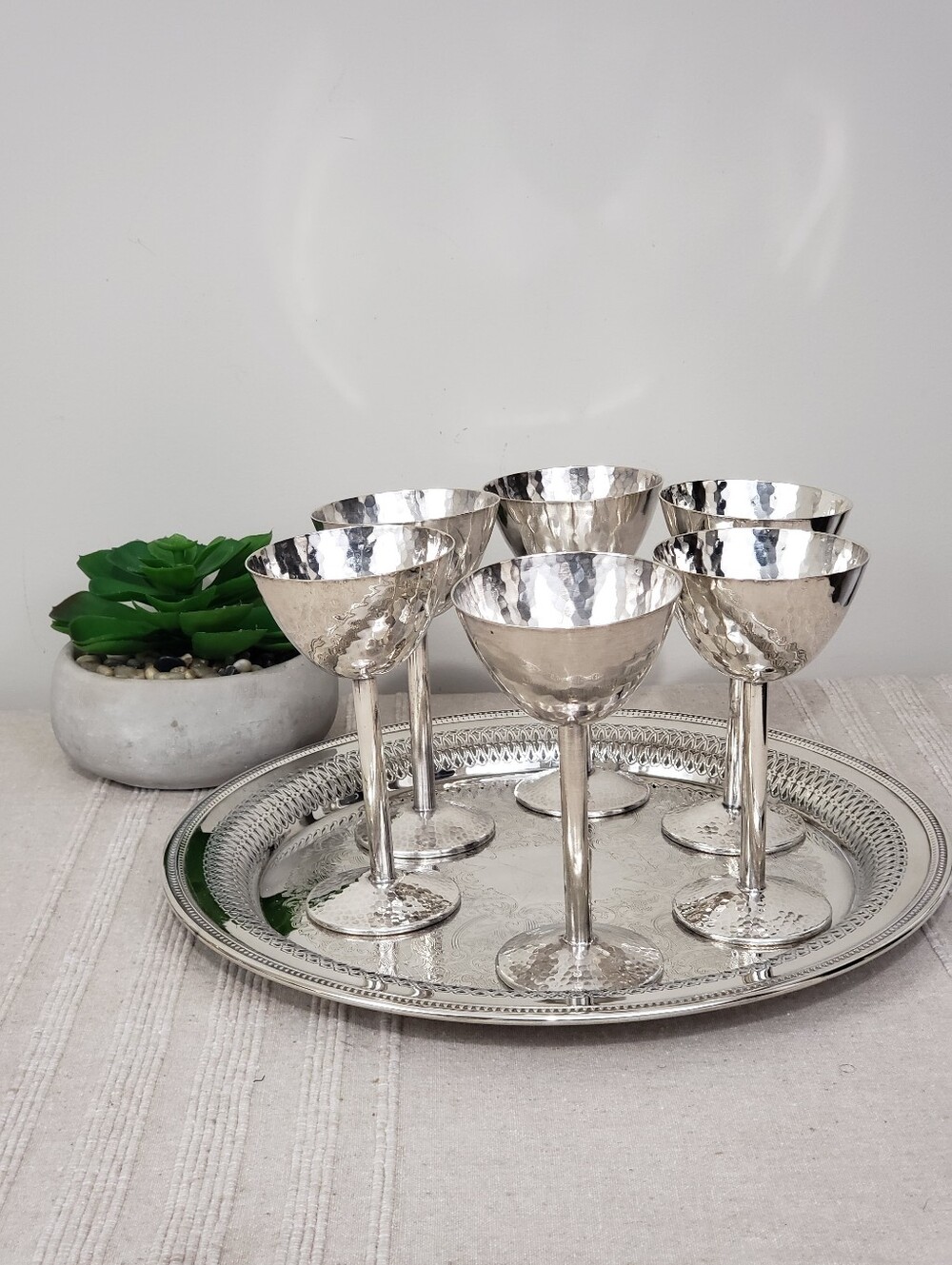 Vintage Art Deco EPNS Hammered Silver Plated Cocktail Goblets 6 Pieces